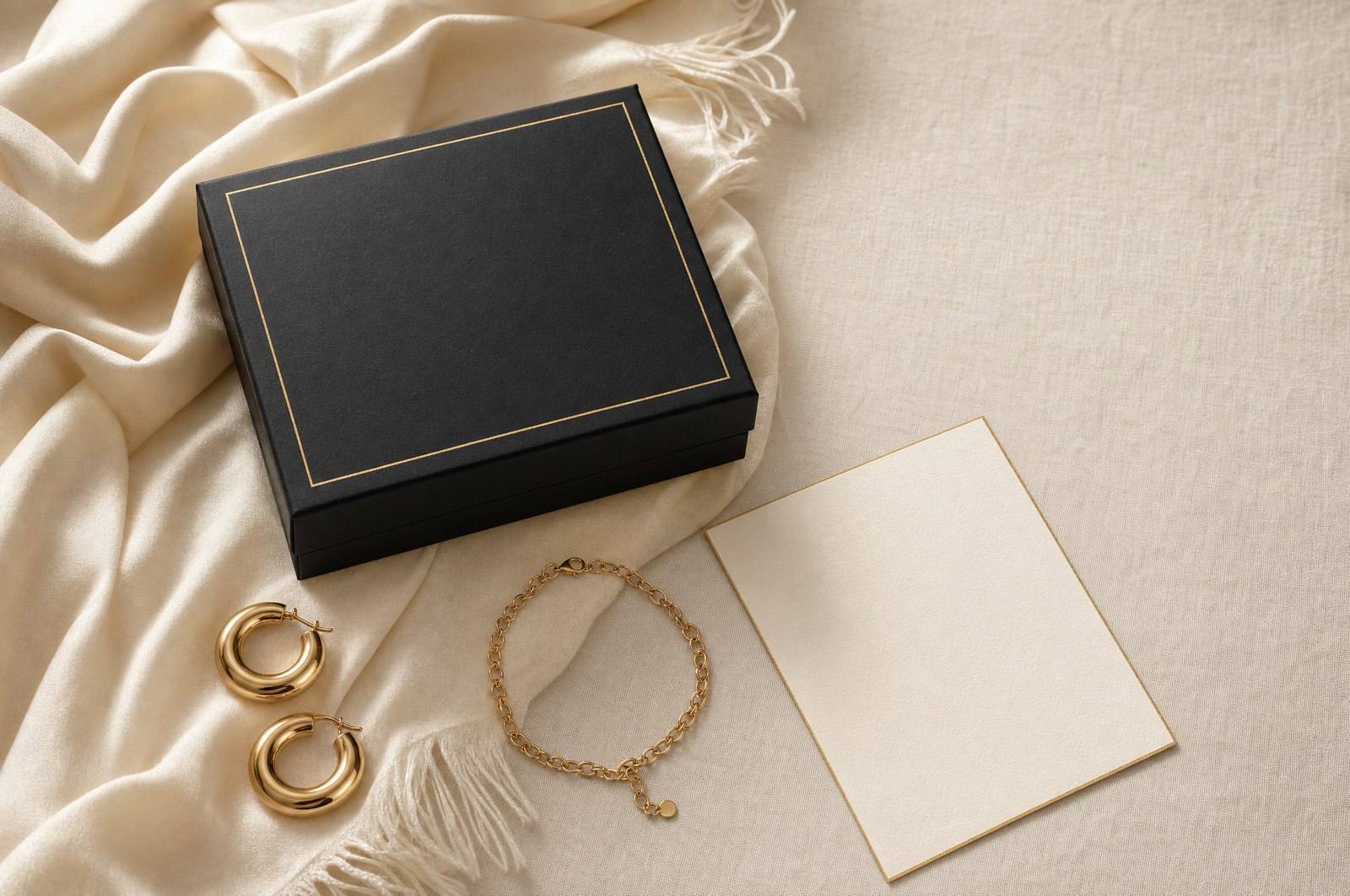 Caja de regalo negra con borde dorado, pañuelo de seda marfil y aretes de argolla dorados