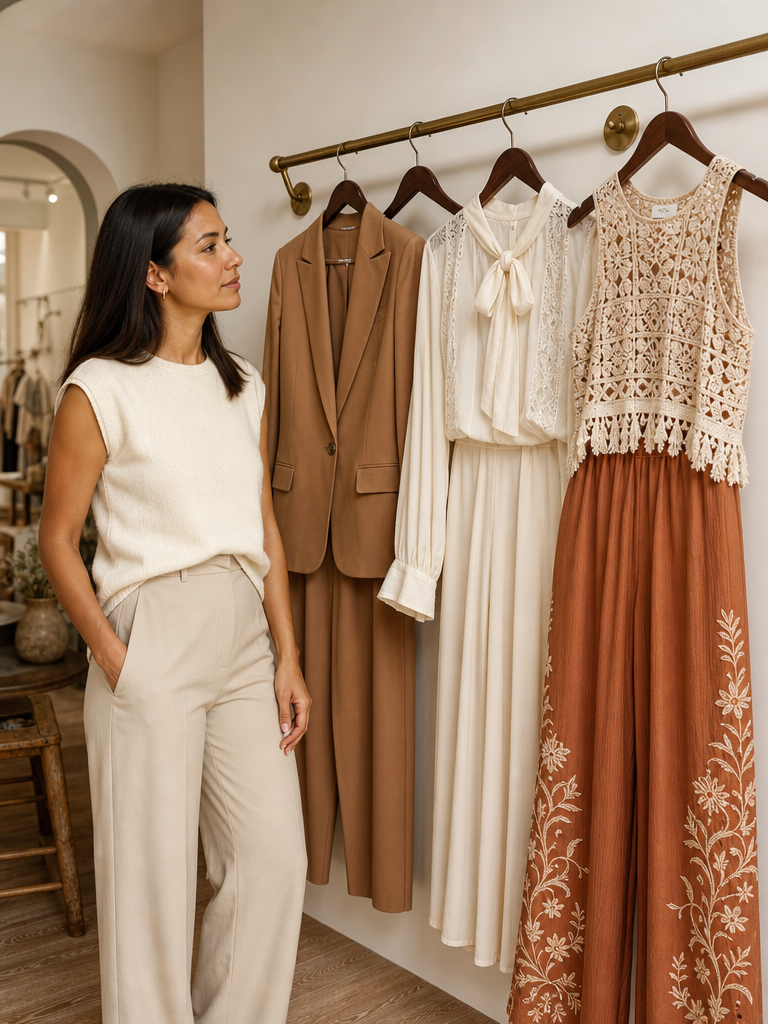 Mujer observa tres looks de inspiración sastre, romántica y bohemia en un perchero de boutique.