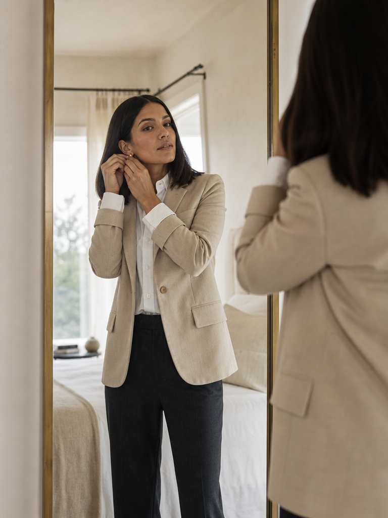 Mujer con camisa blanca, blazer beige y pantalón oscuro se coloca un pendiente frente al espejo.